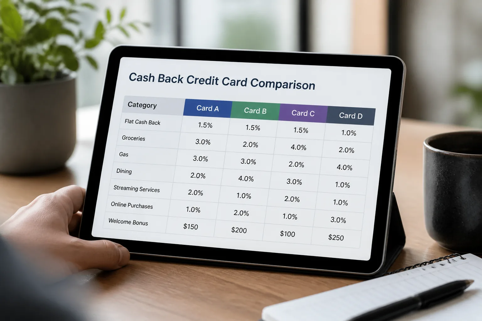 cash back credit card comparison table