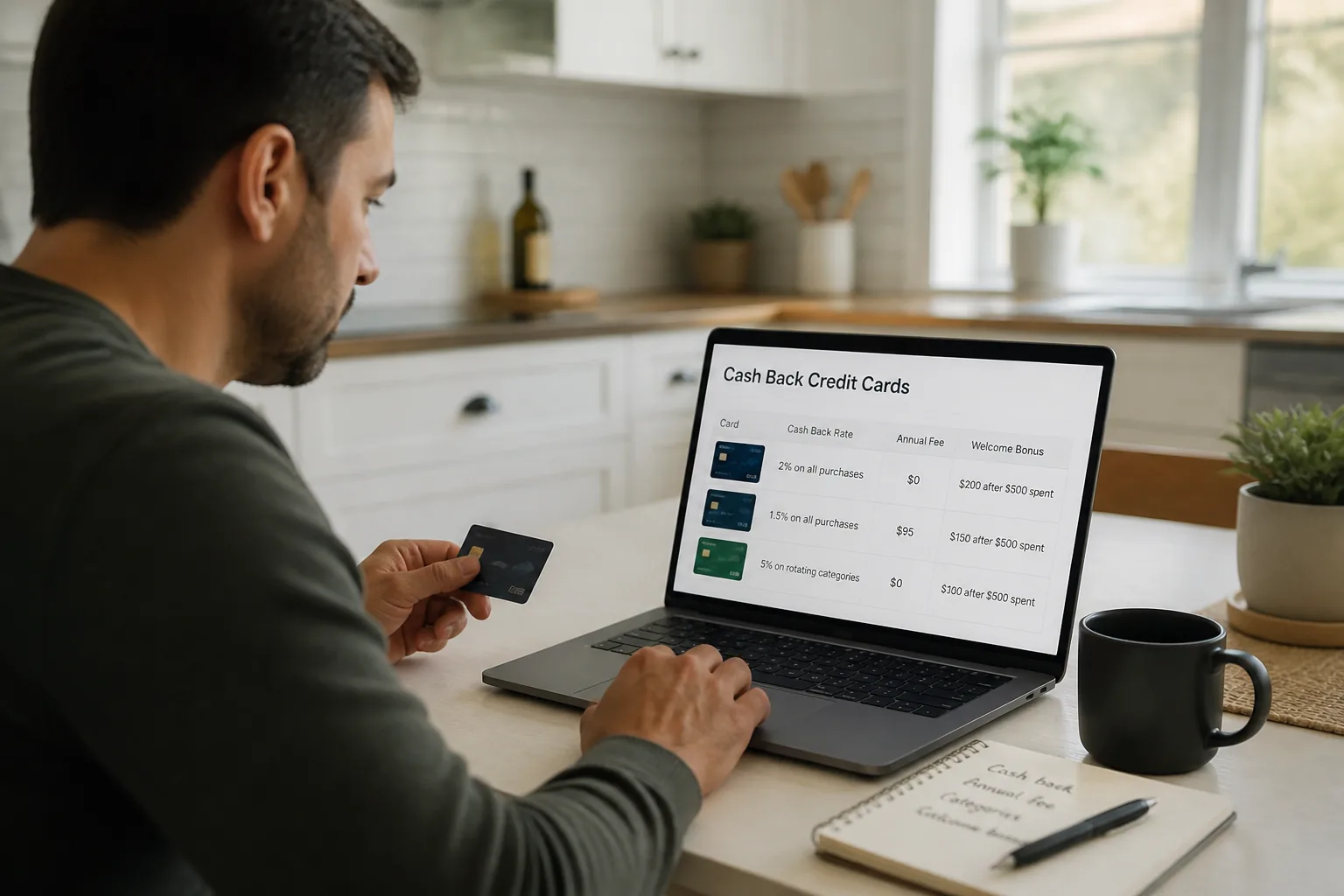 comparing cash back credit card offers at home