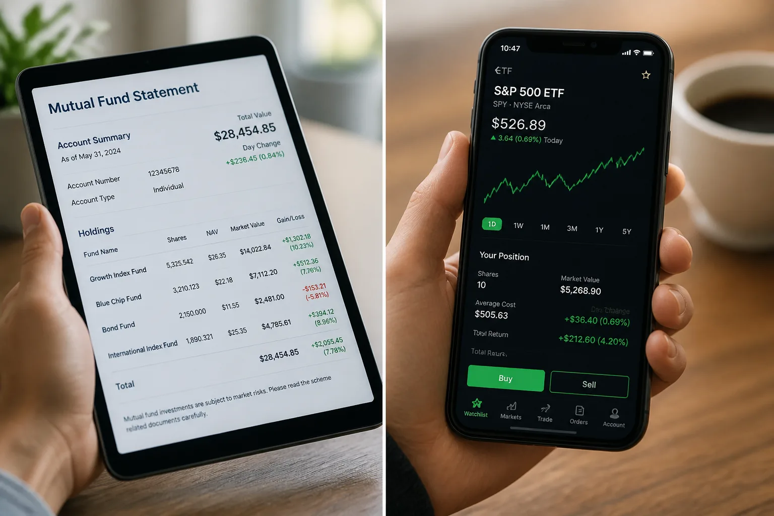 index fund and ETF comparison on two devices