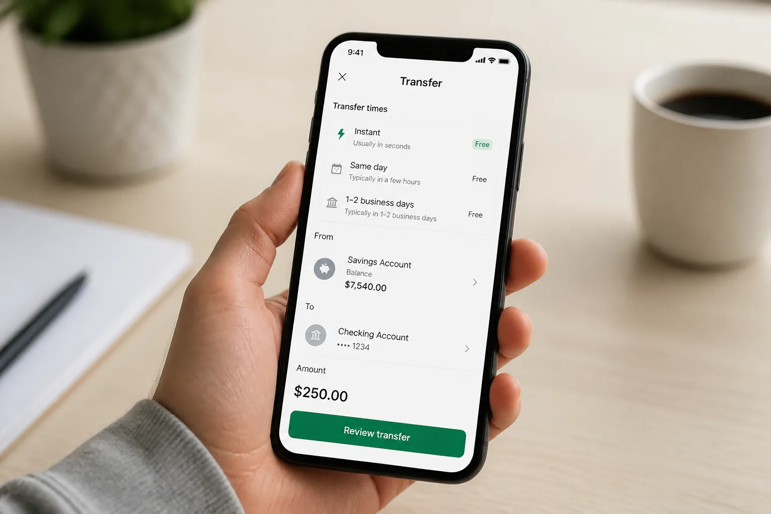 mobile savings app transfer screen