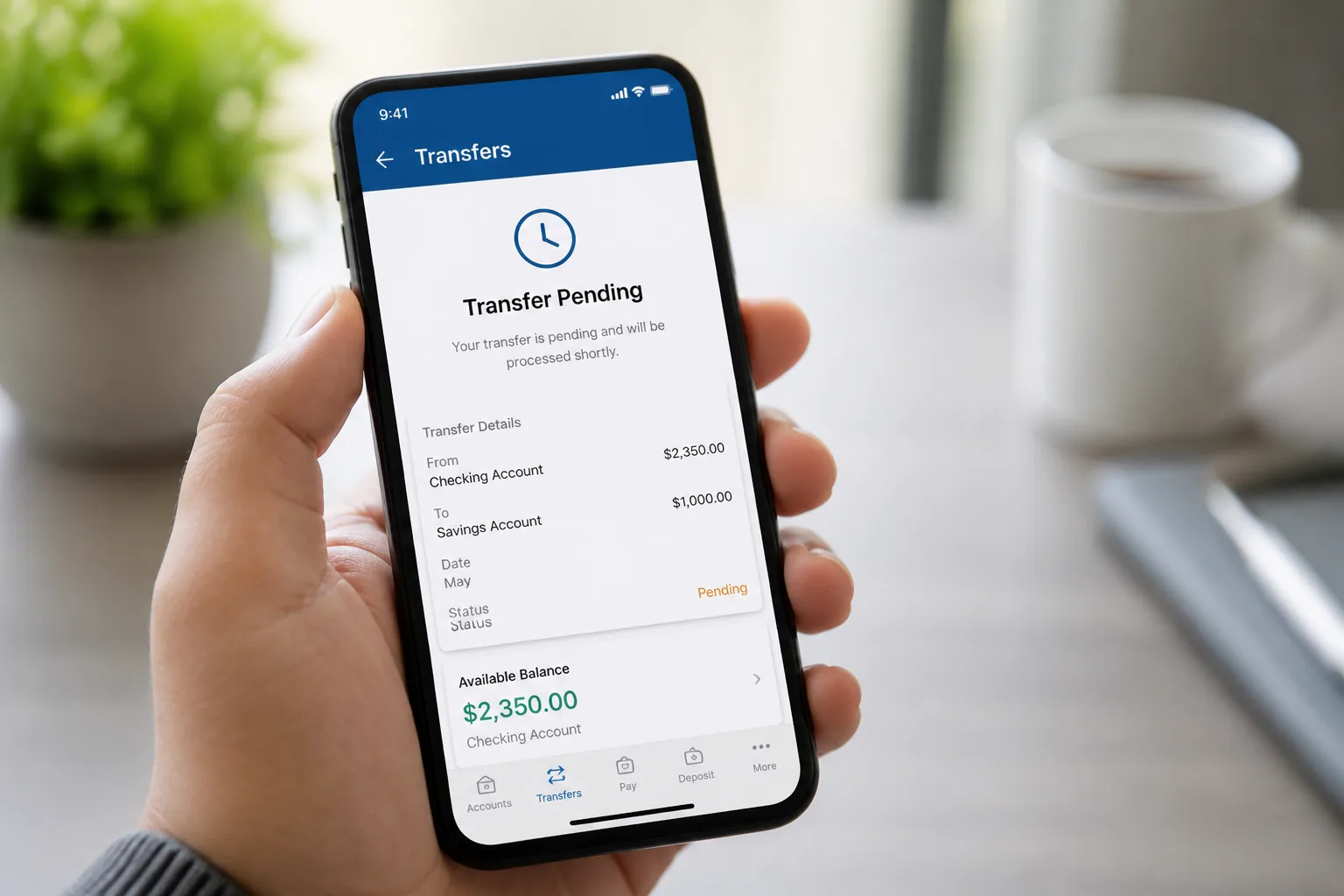 savings transfer pending in banking app