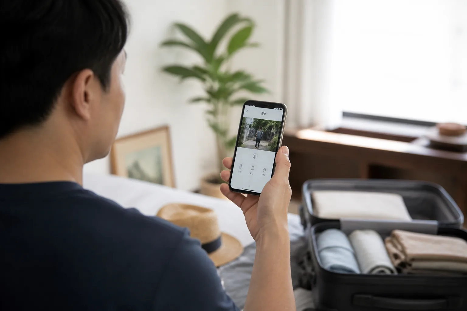 dad checking smart doorbell before travel