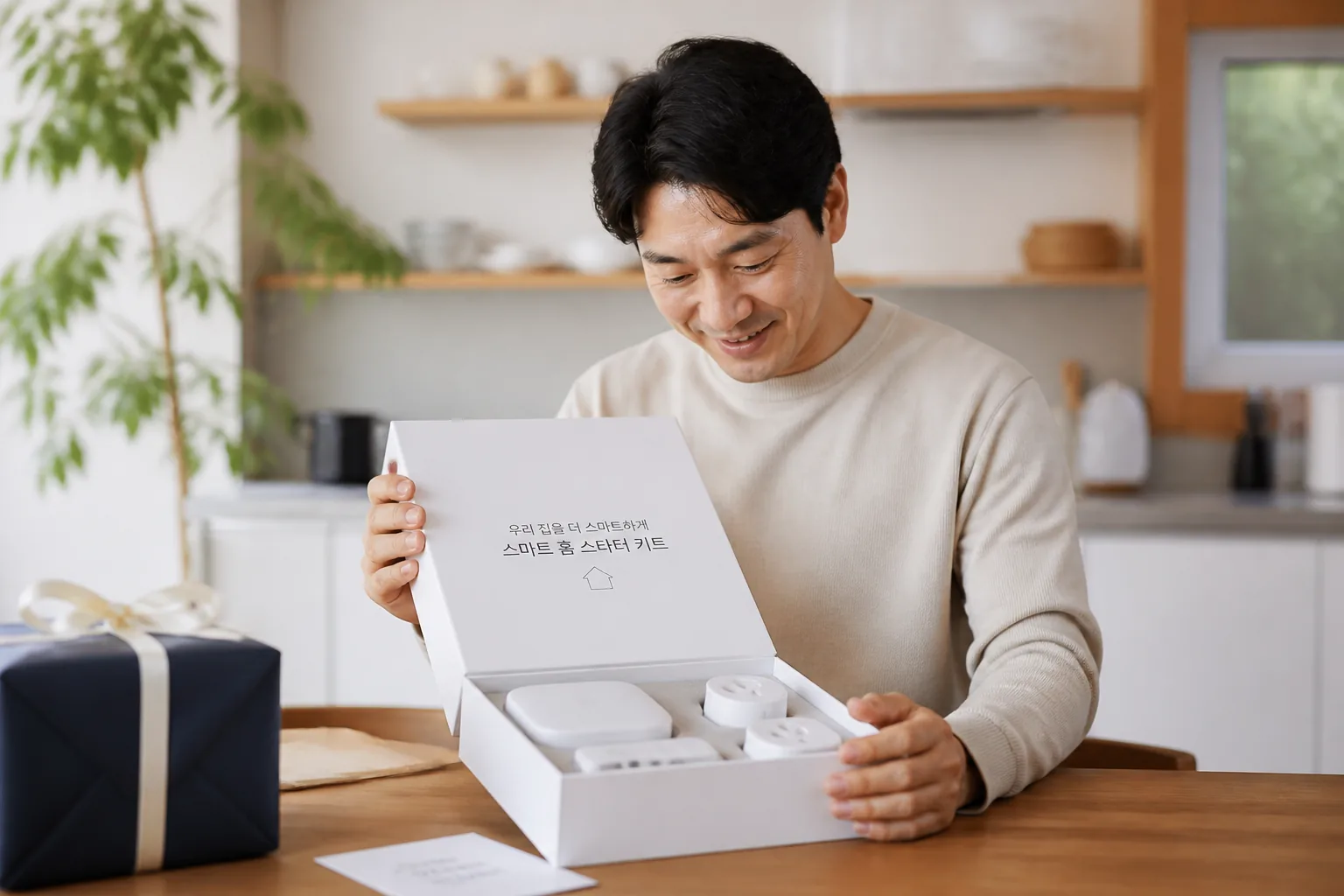 Father receiving a smart home starter kit as a gift