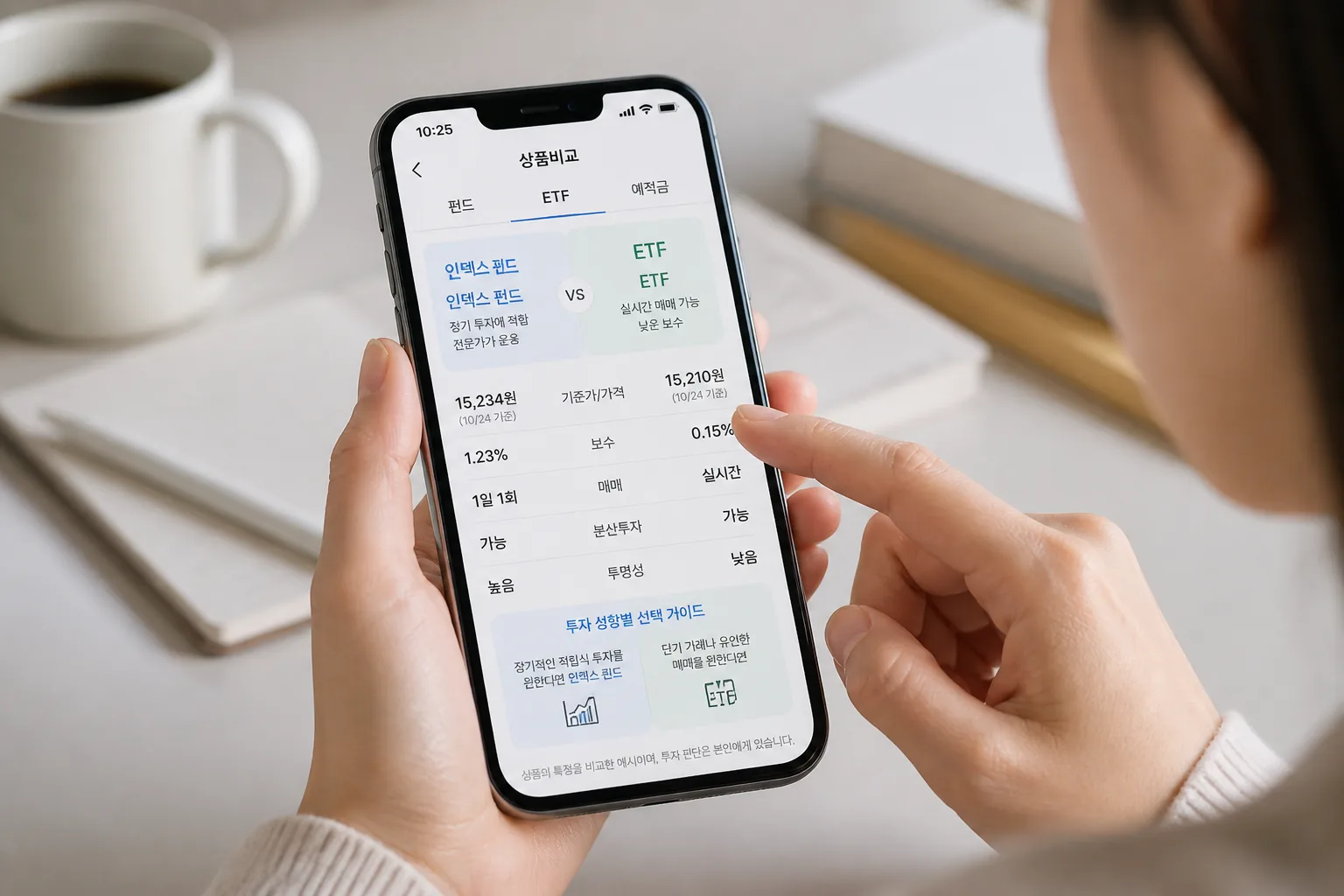 Index fund versus ETF comparison on mobile investing app